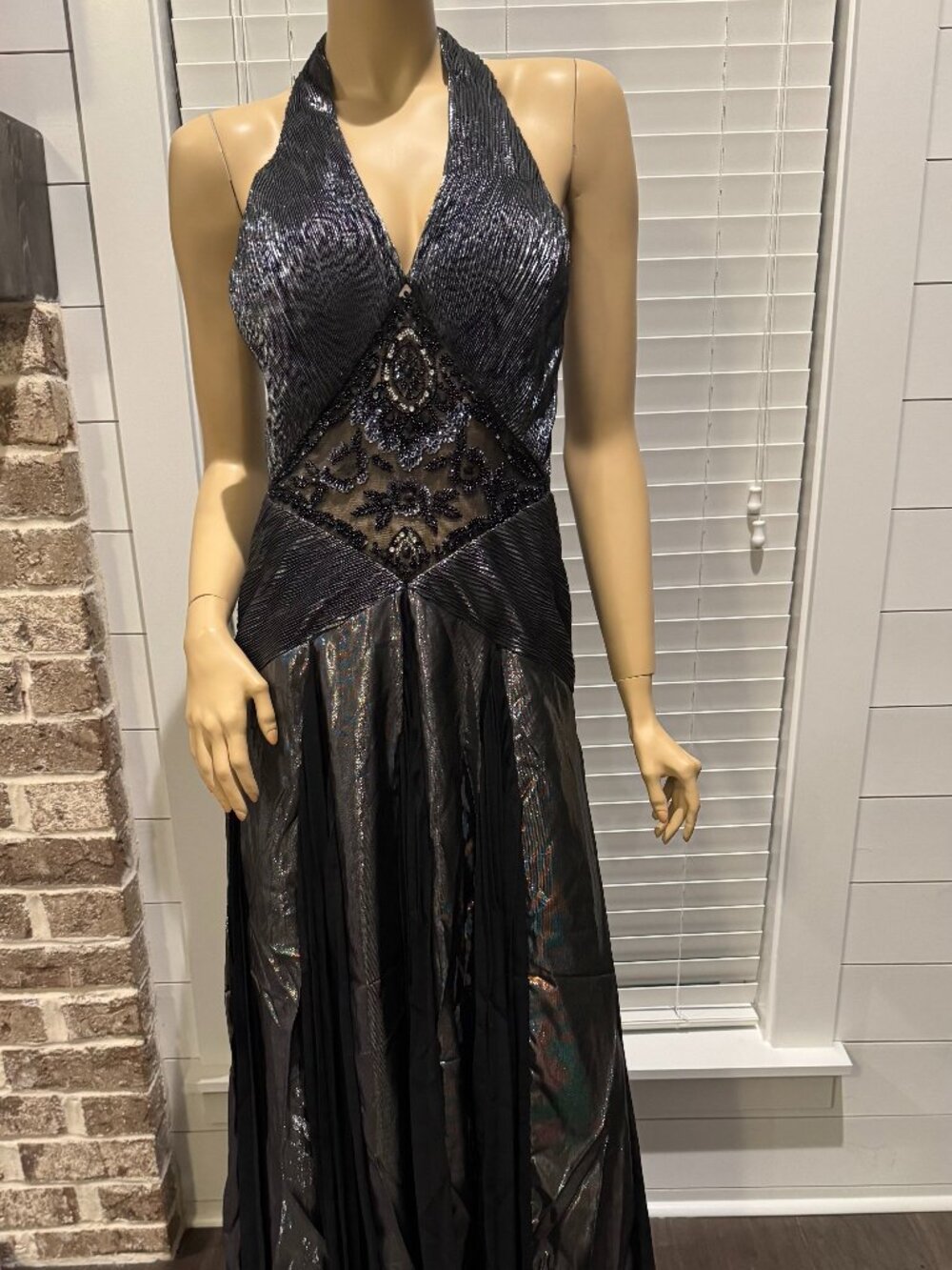 Sue Wong Silk Y2K Evening Dress Ball Gown Black Silver Sequins Wedding Party I